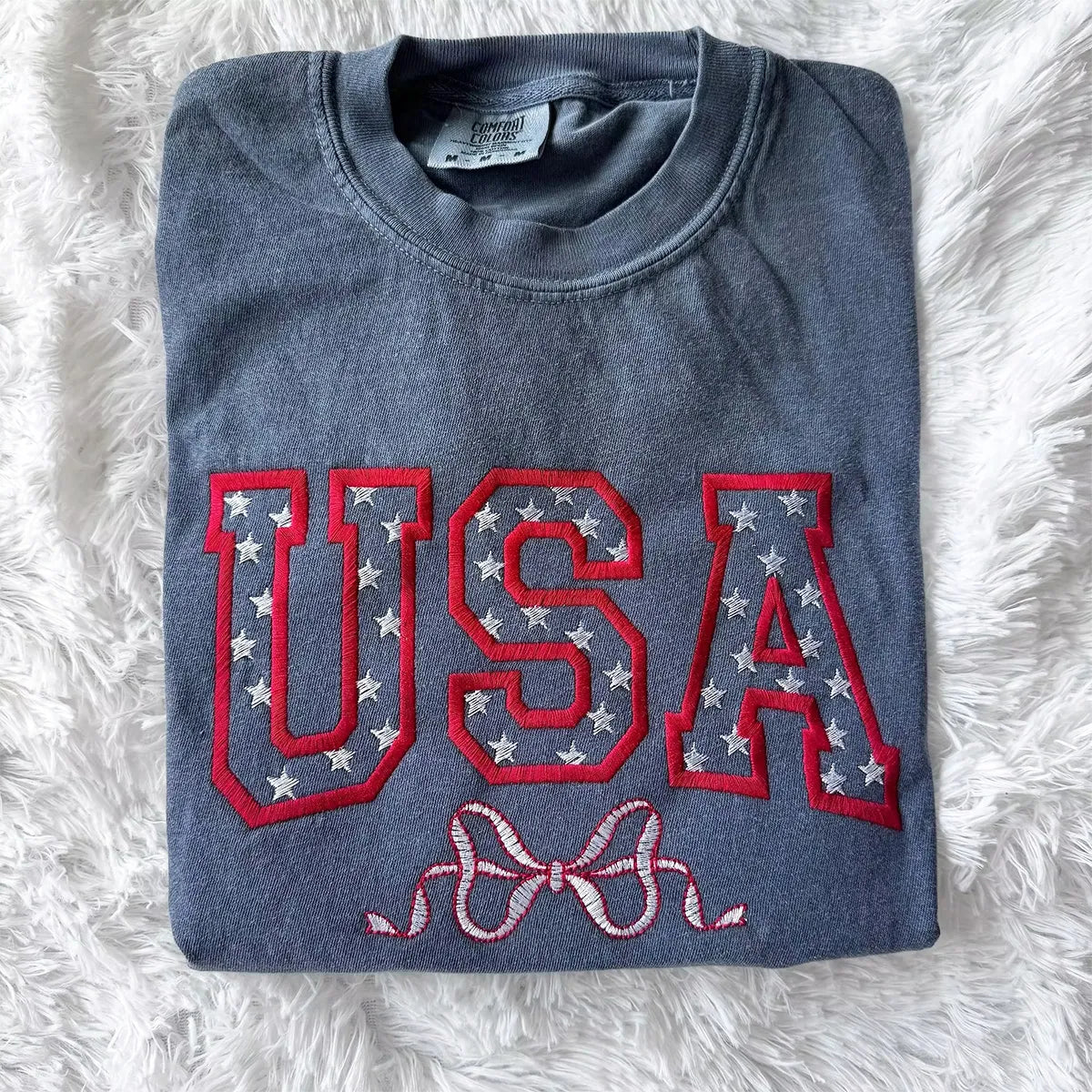 Embroidered Star-Filled USA Bow Sweatshirt - 4th of July Patriotic Apparel