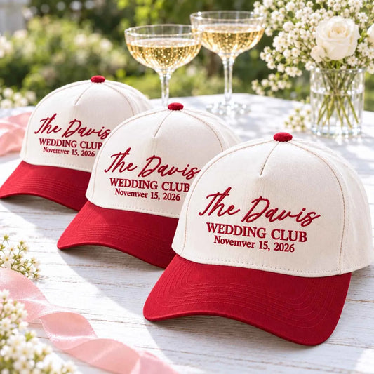 Custom embroidered wedding baseball hats for a couple