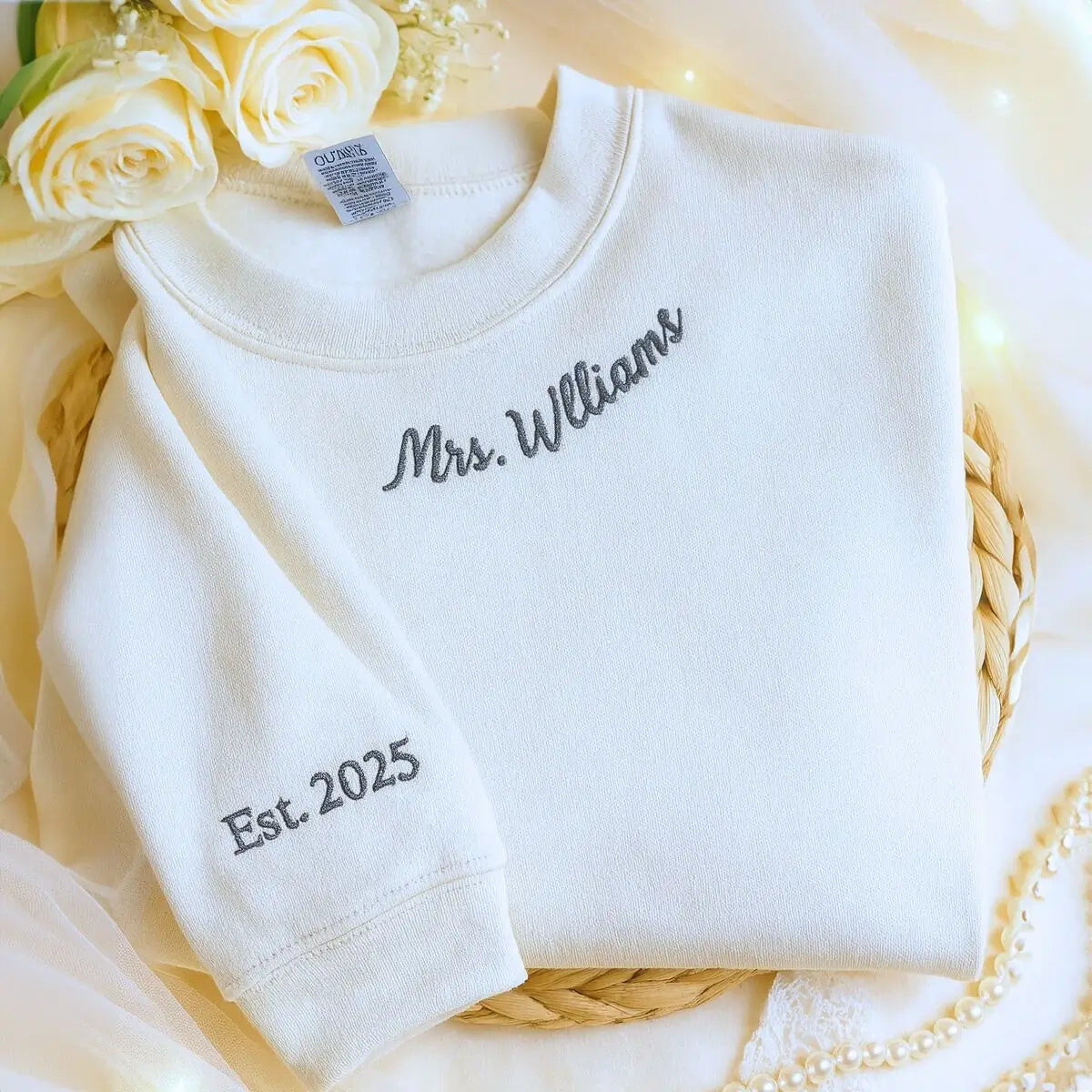 White Future Mrs Sweatshirt with 2025 embroidery, a meaningful and cozy wedding gift for wife