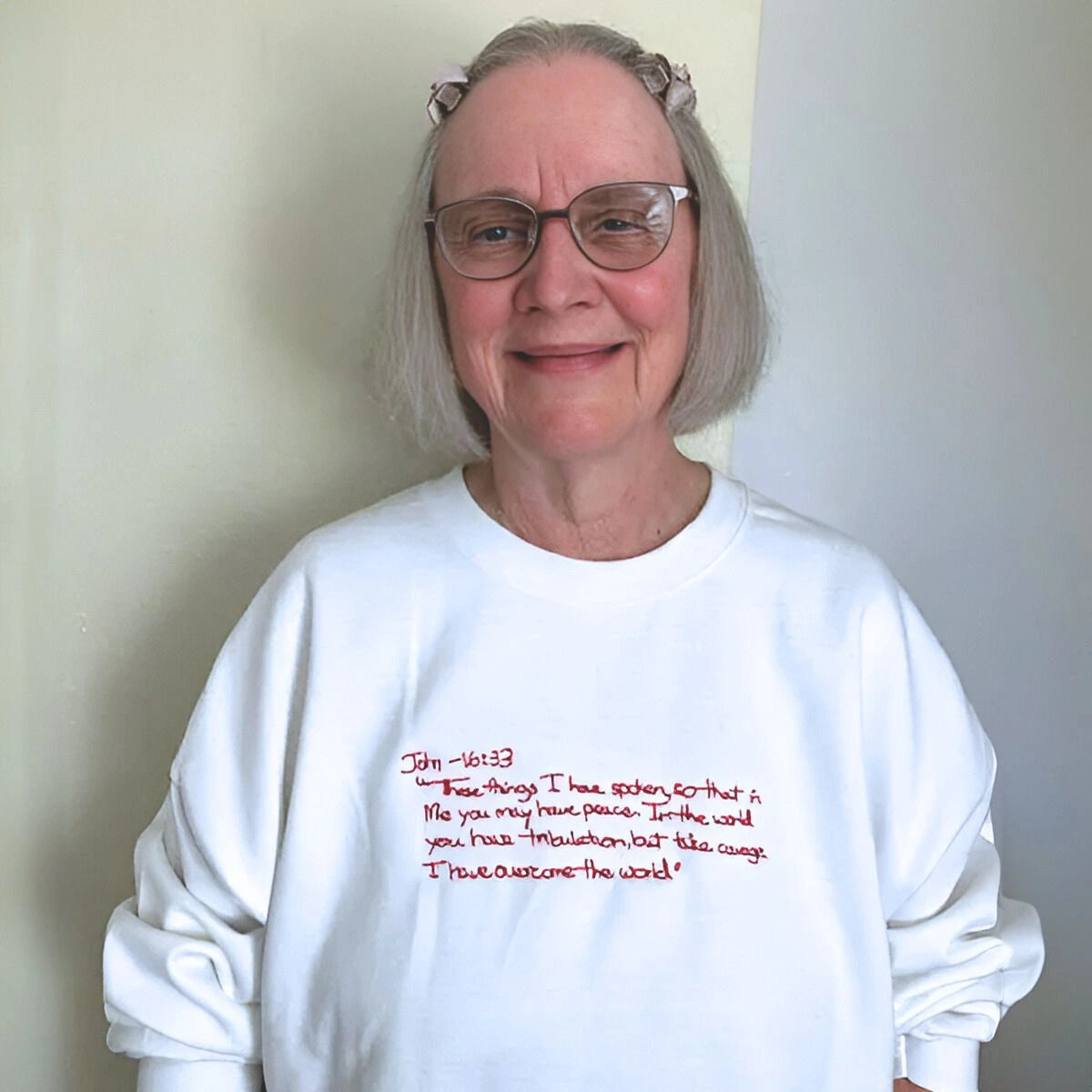 Grandma wearing White Handwriting Sweatshirt happy customer, embroidered, Christian Gift