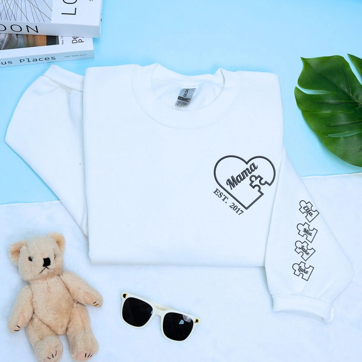 Mama White Sweatshirt with 'Est. 2017' embroidery and kid names on sleeve, a meaningful and cozy gift for Mama