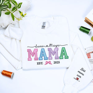 White Mama Sweatshirt with 'Est. 2025' embroidery and Kids Names on chest, a meaningful and cozy gift for mama