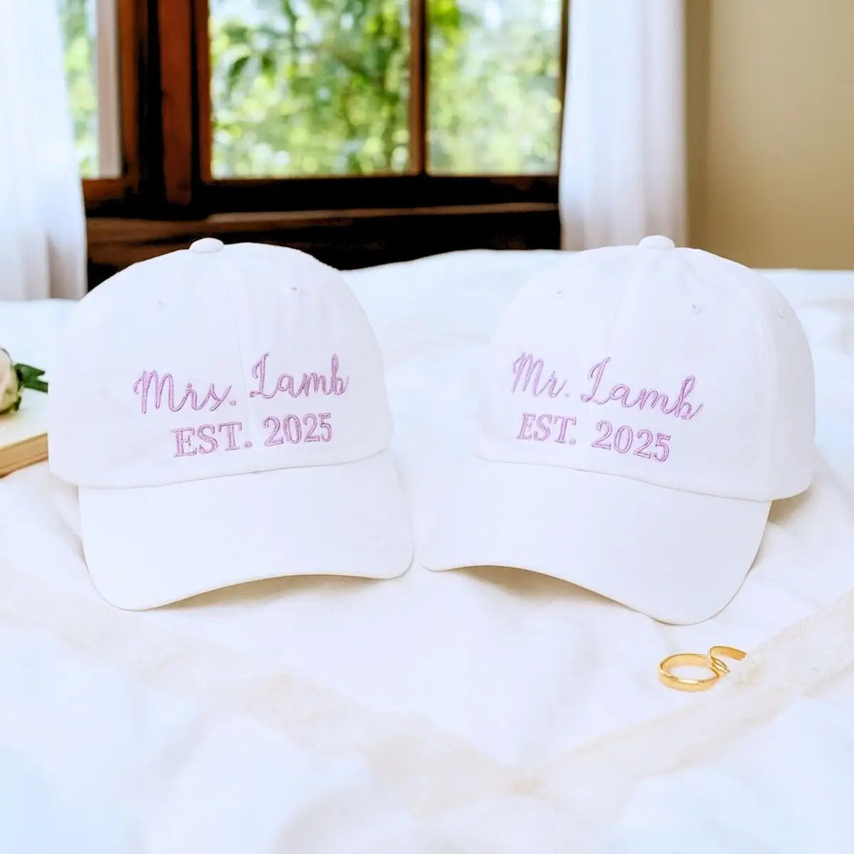 Embroidered Mr. and Mrs. personalized hats with last name – bridal shower or engagement gift