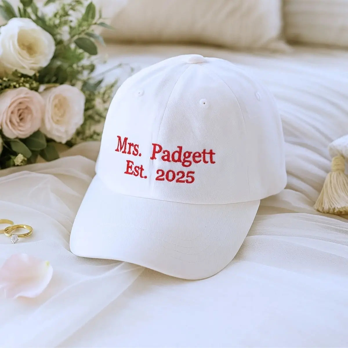 Embroidered Mr. and Mrs. personalized hats with last name – bridal shower or engagement gift