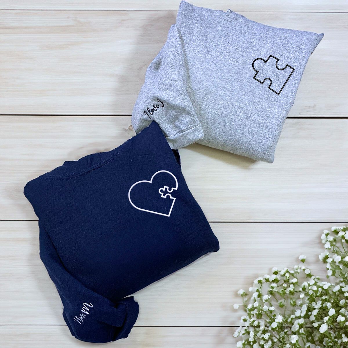 Heart Puzzle Hoodie or Sweatshirt, Custom Embroidered Valentine Gift F