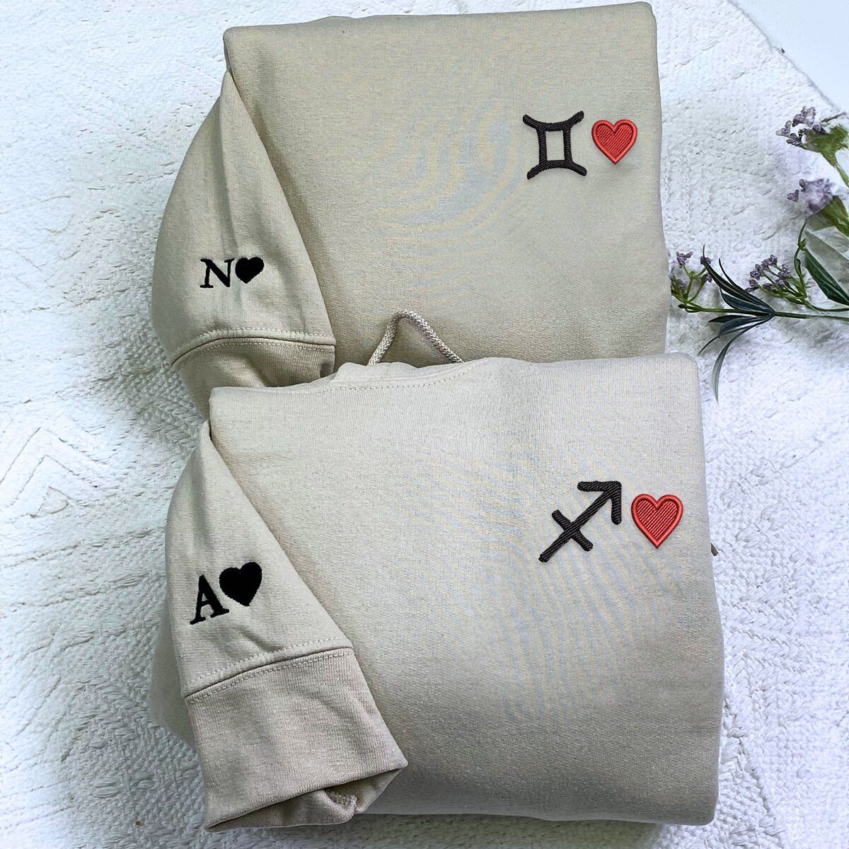 Custom Zodiac Astrology Sweatshirt or Hoodie with Embroidered, Initial Heart on Sleeve - Embroly