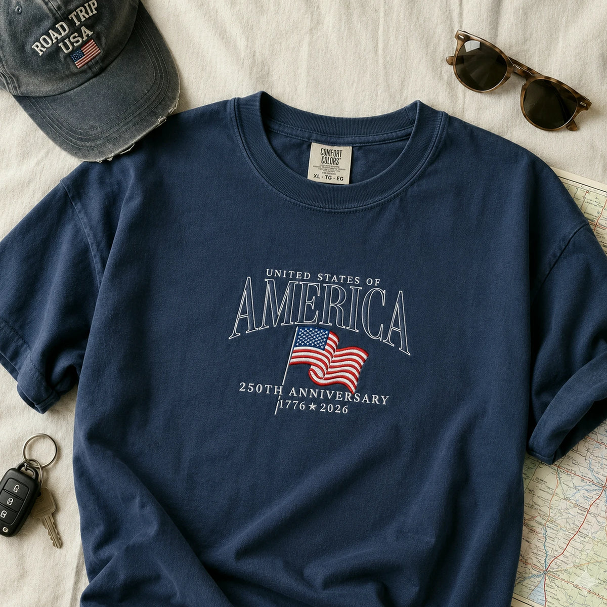 USA 250th Anniversary T-Shirt - Embroidered Patriotic Vintage Style