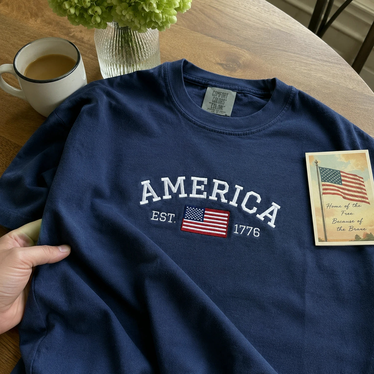 America EST 1776 Embroidered T-Shirt, 250th Anniversary USA Independence Day Tee