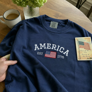 America EST 1776 Embroidered T-Shirt, 250th Anniversary USA Independence Day Tee