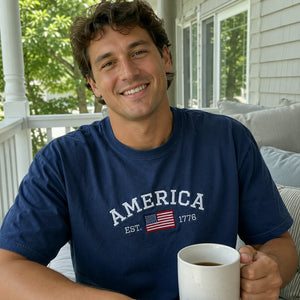 America EST 1776 Embroidered T-Shirt, 250th Anniversary USA Independence Day Tee