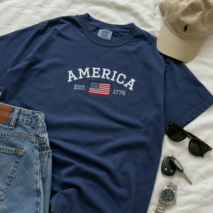 America EST 1776 Embroidered T-Shirt, 250th Anniversary USA Independence Day Tee