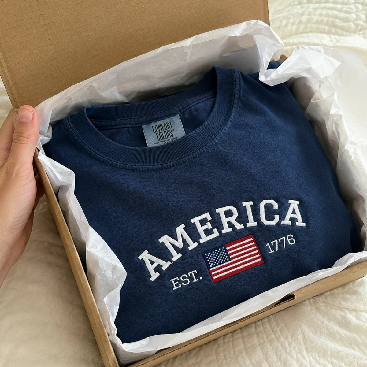 America EST 1776 Embroidered T-Shirt, 250th Anniversary USA Independence Day Tee