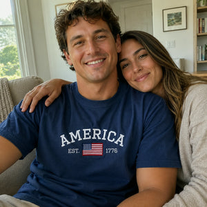 America EST 1776 Embroidered T-Shirt, 250th Anniversary USA Independence Day Tee