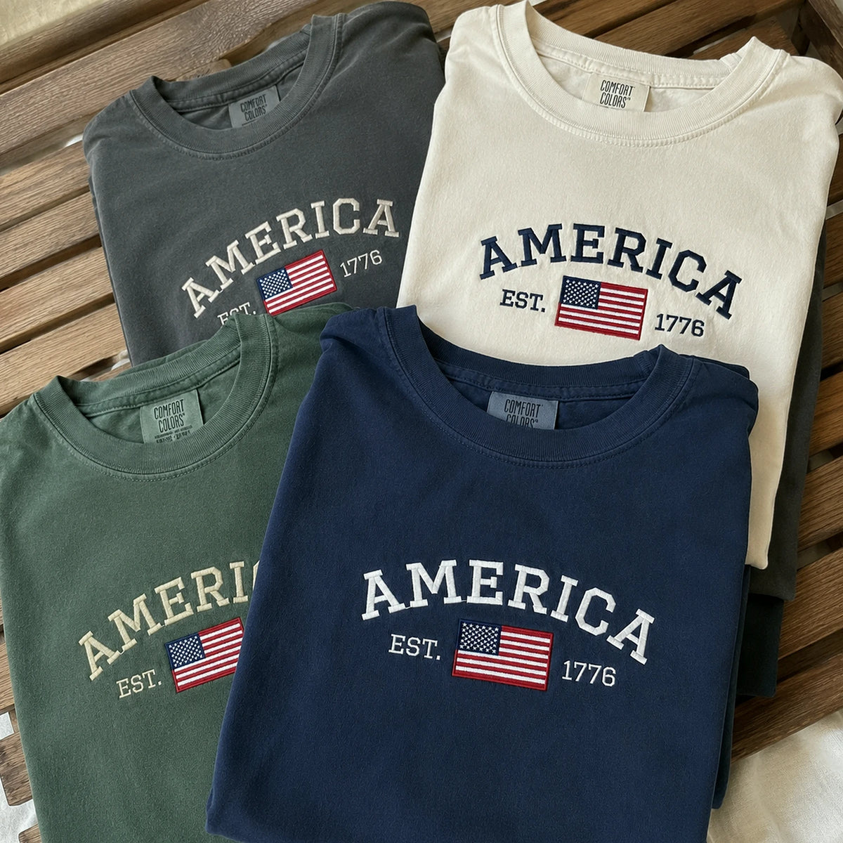America EST 1776 Embroidered T-Shirt, 250th Anniversary USA Independence Day Tee
