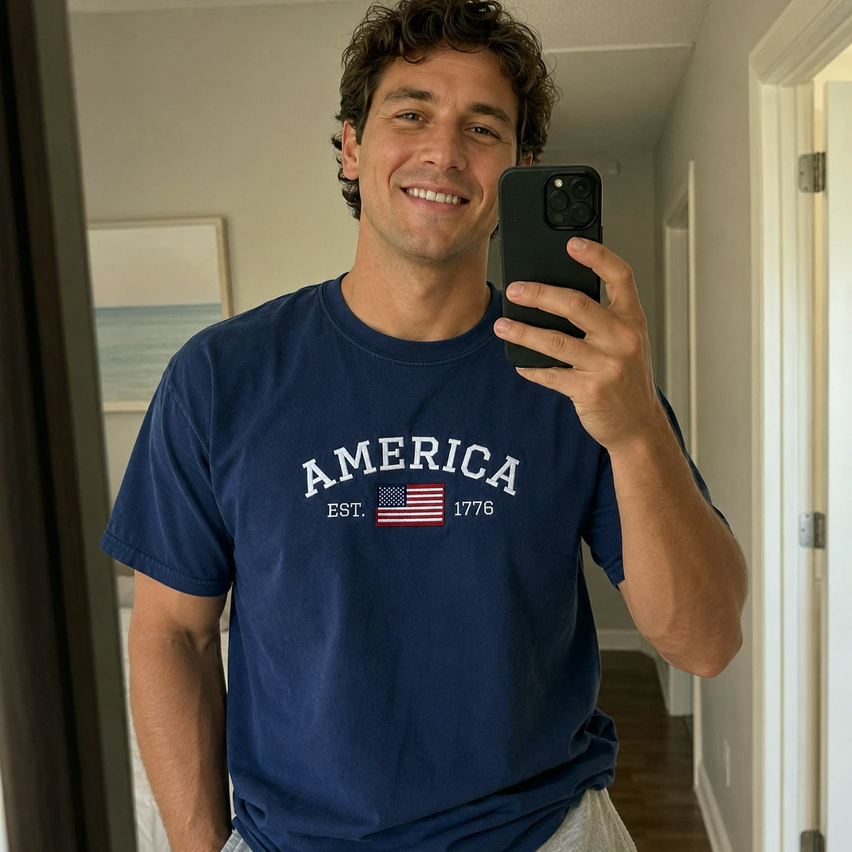 America EST 1776 Embroidered T-Shirt, 250th Anniversary USA Independence Day Tee