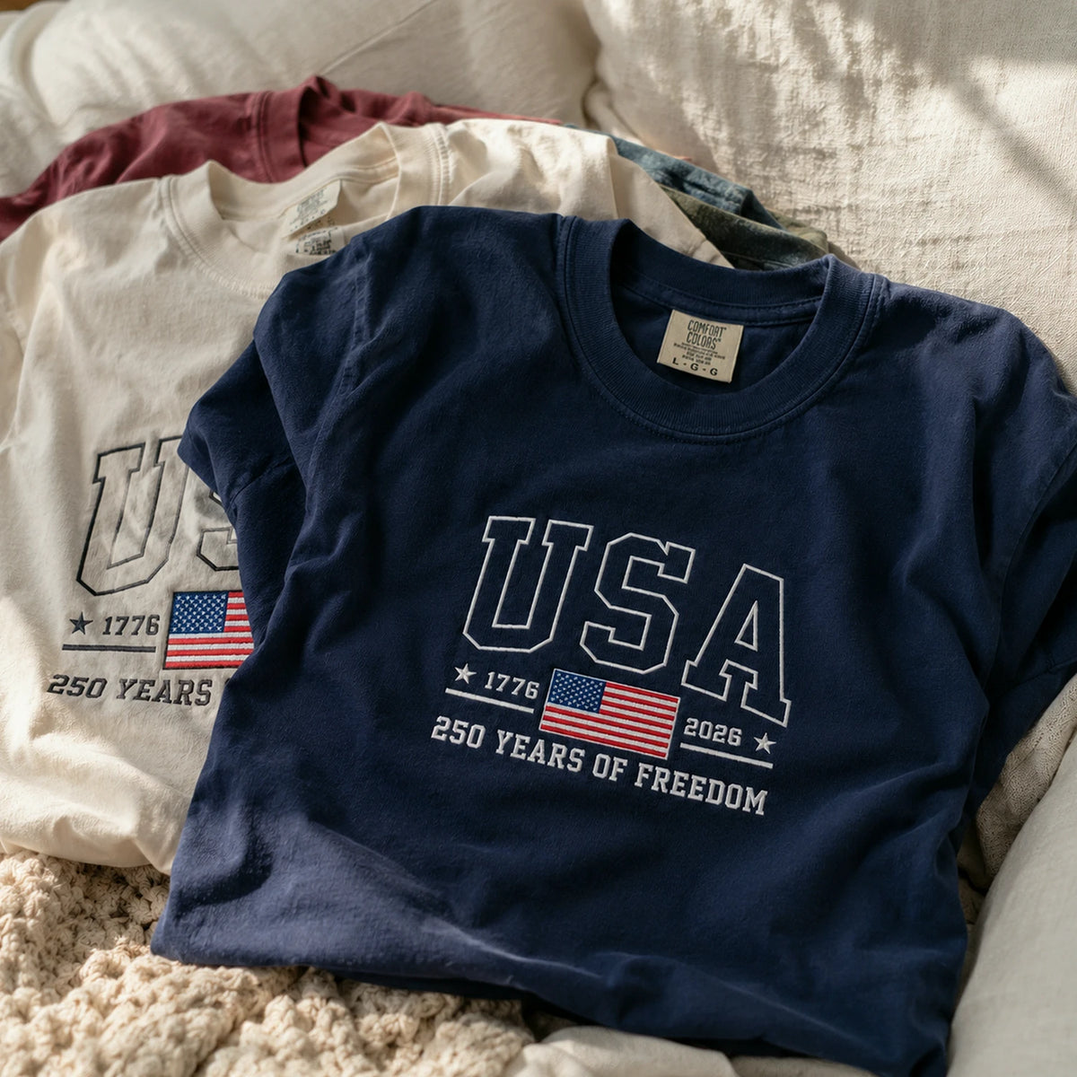 American Flag 1776 2026 Embroidered T-Shirt, 250 Years of Freedom Patriotic Comfort Colors Tee