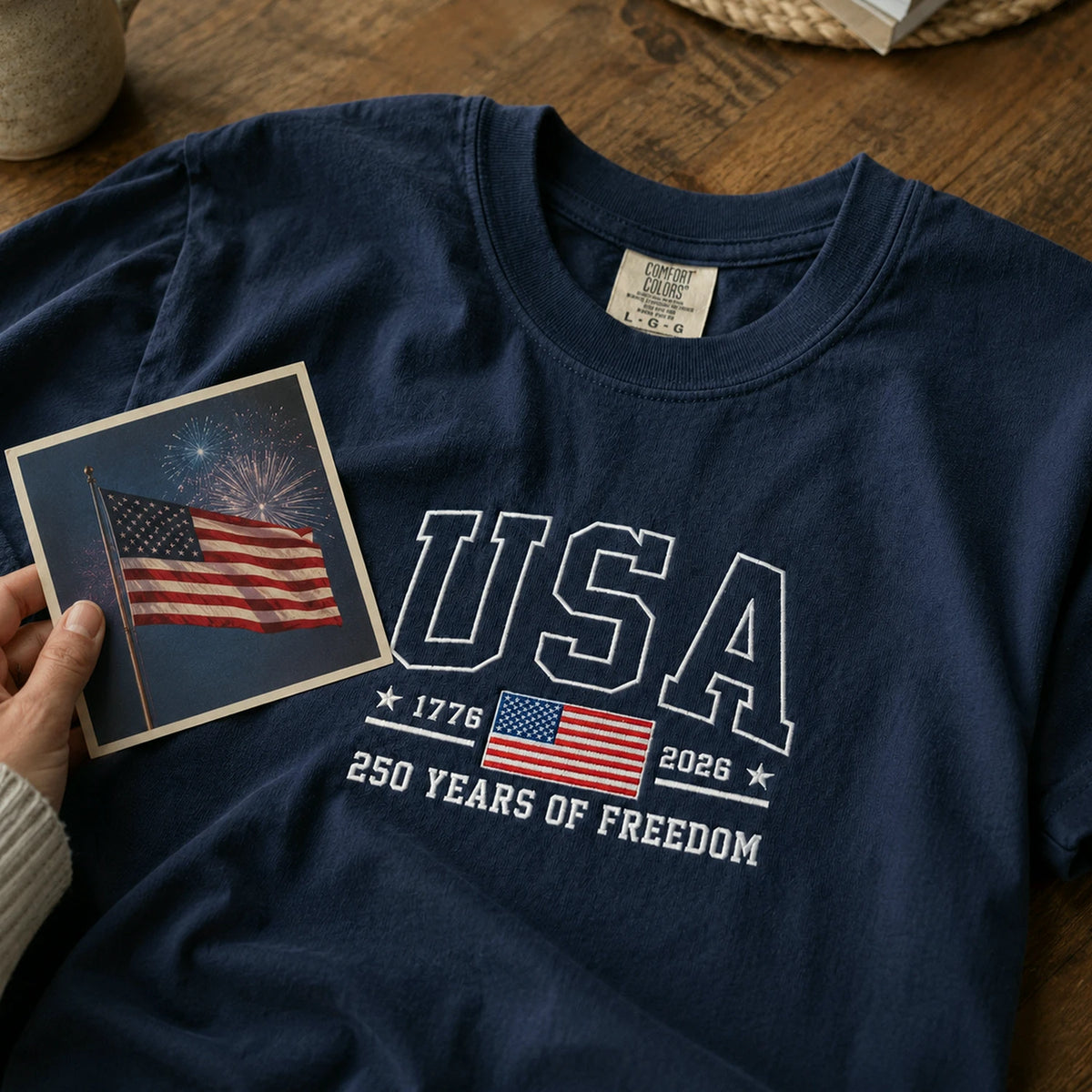 American Flag 1776 2026 Embroidered T-Shirt, 250 Years of Freedom Patriotic Comfort Colors Tee