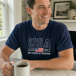 American Flag 1776 2026 Embroidered T-Shirt, 250 Years of Freedom Patriotic Comfort Colors Tee