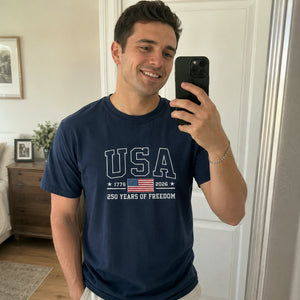American Flag 1776 2026 Embroidered T-Shirt, 250 Years of Freedom Patriotic Comfort Colors Tee
