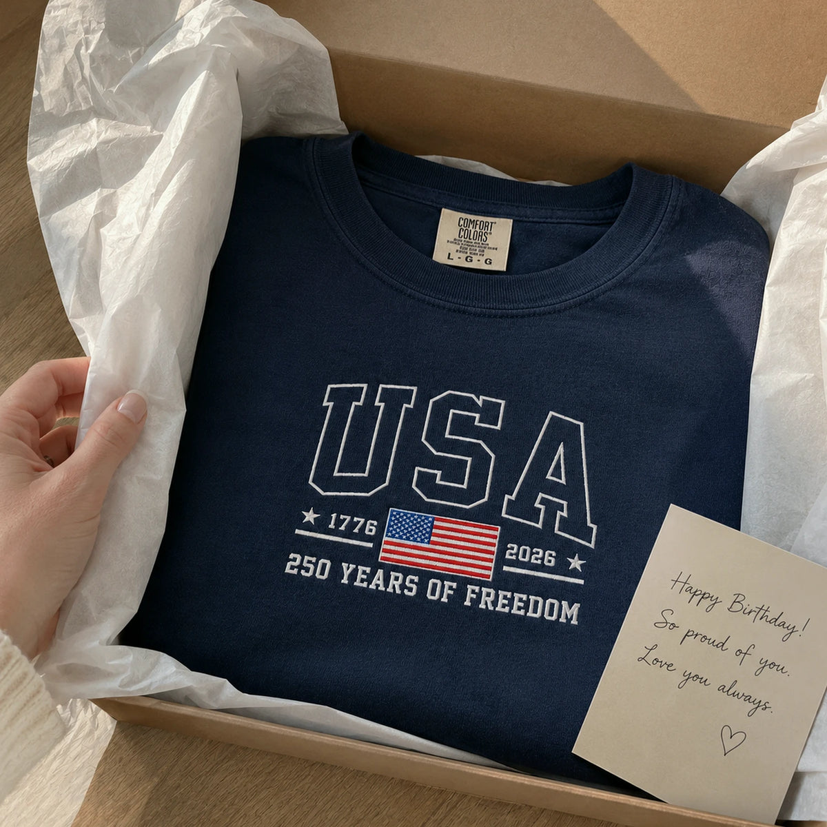 American Flag 1776 2026 Embroidered T-Shirt, 250 Years of Freedom Patriotic Comfort Colors Tee