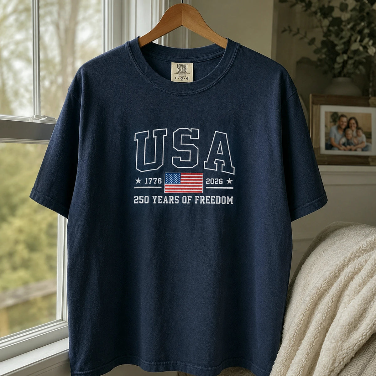 American Flag 1776 2026 Embroidered T-Shirt, 250 Years of Freedom Patriotic Comfort Colors Tee