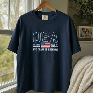 American Flag 1776 2026 Embroidered T-Shirt, 250 Years of Freedom Patriotic Comfort Colors Tee