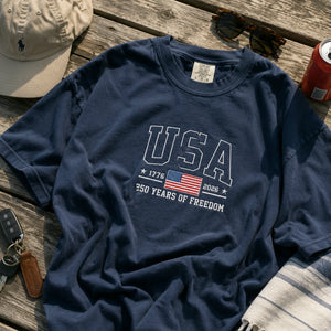 American Flag 1776 2026 Embroidered T-Shirt, 250 Years of Freedom Patriotic Comfort Colors Tee