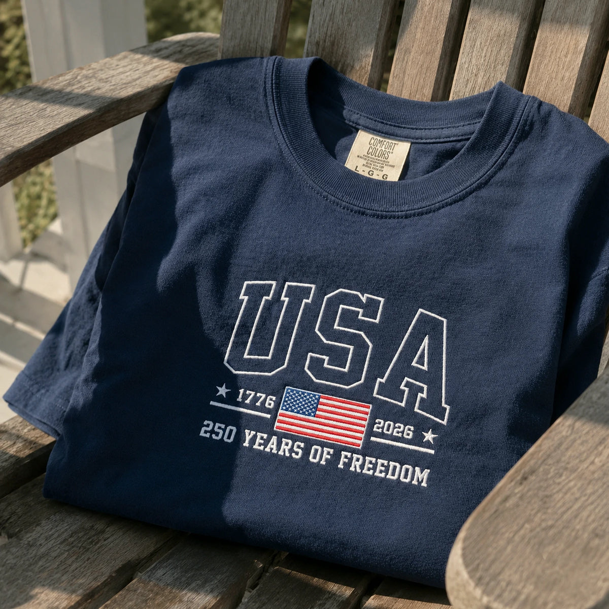 American Flag 1776 2026 Embroidered T-Shirt, 250 Years of Freedom Patriotic Comfort Colors Tee