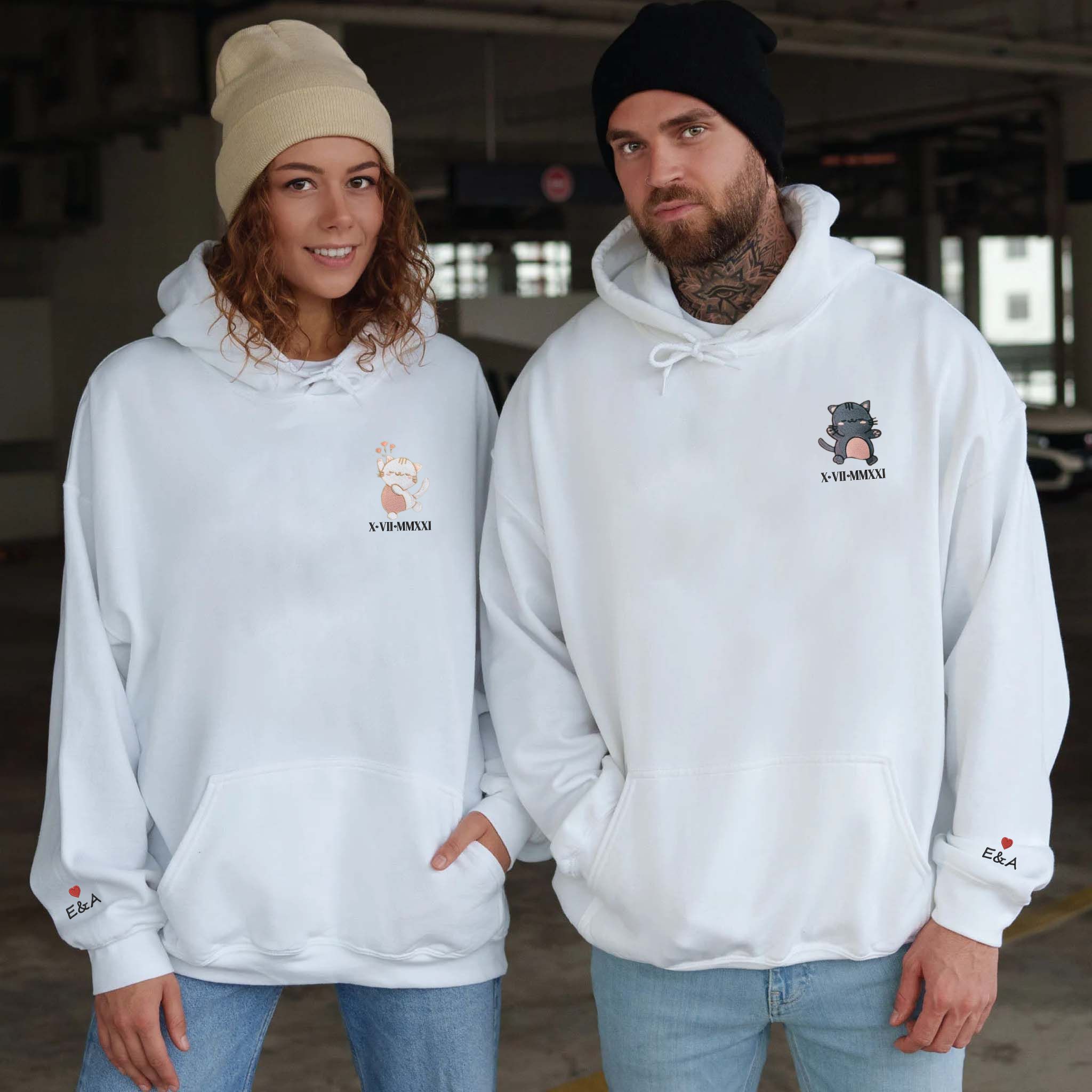 Anime Cat Matching Couple Hoodie, Embroidered Custom On Sleeve