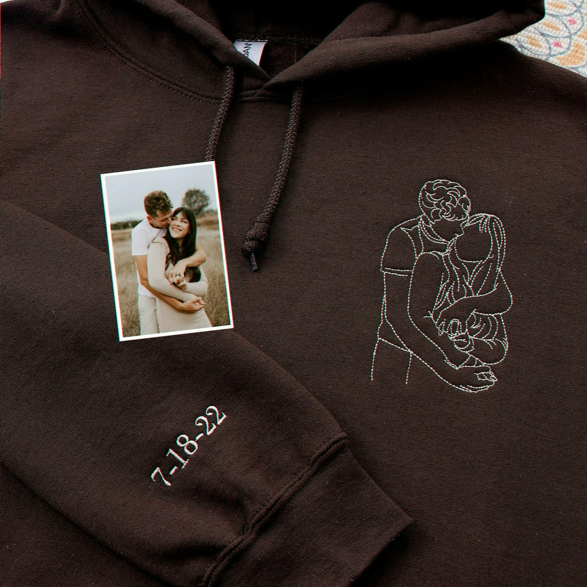 Black couple hoodie made from photo and special date, designed as a sweet anniversary gift for partner