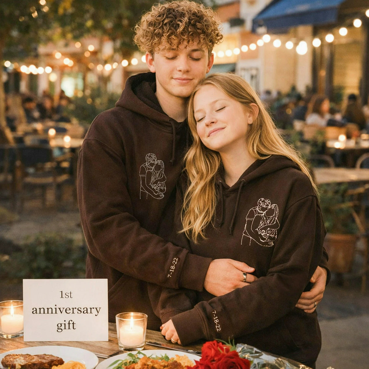 Custom Couple Photo Embroidered Hoodie with Anniversary Date on Sleeve, Anniversary Gift for Him or Her