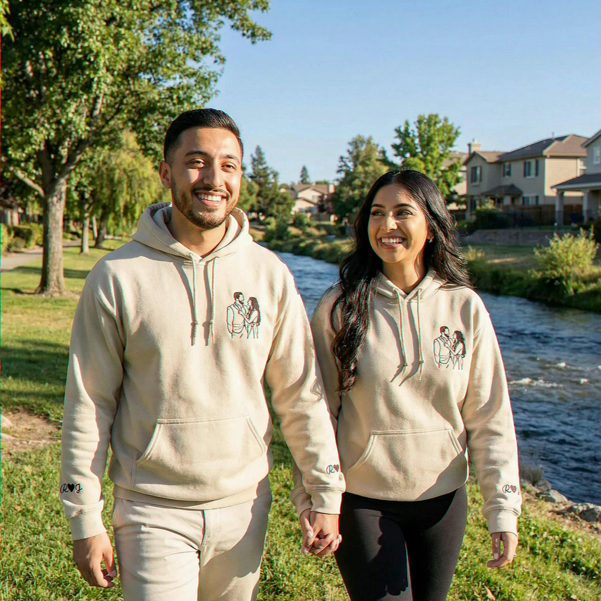 Custom Couple Photo Embroidered Hoodie with Anniversary Date on Sleeve, Anniversary Gift for Him or Her