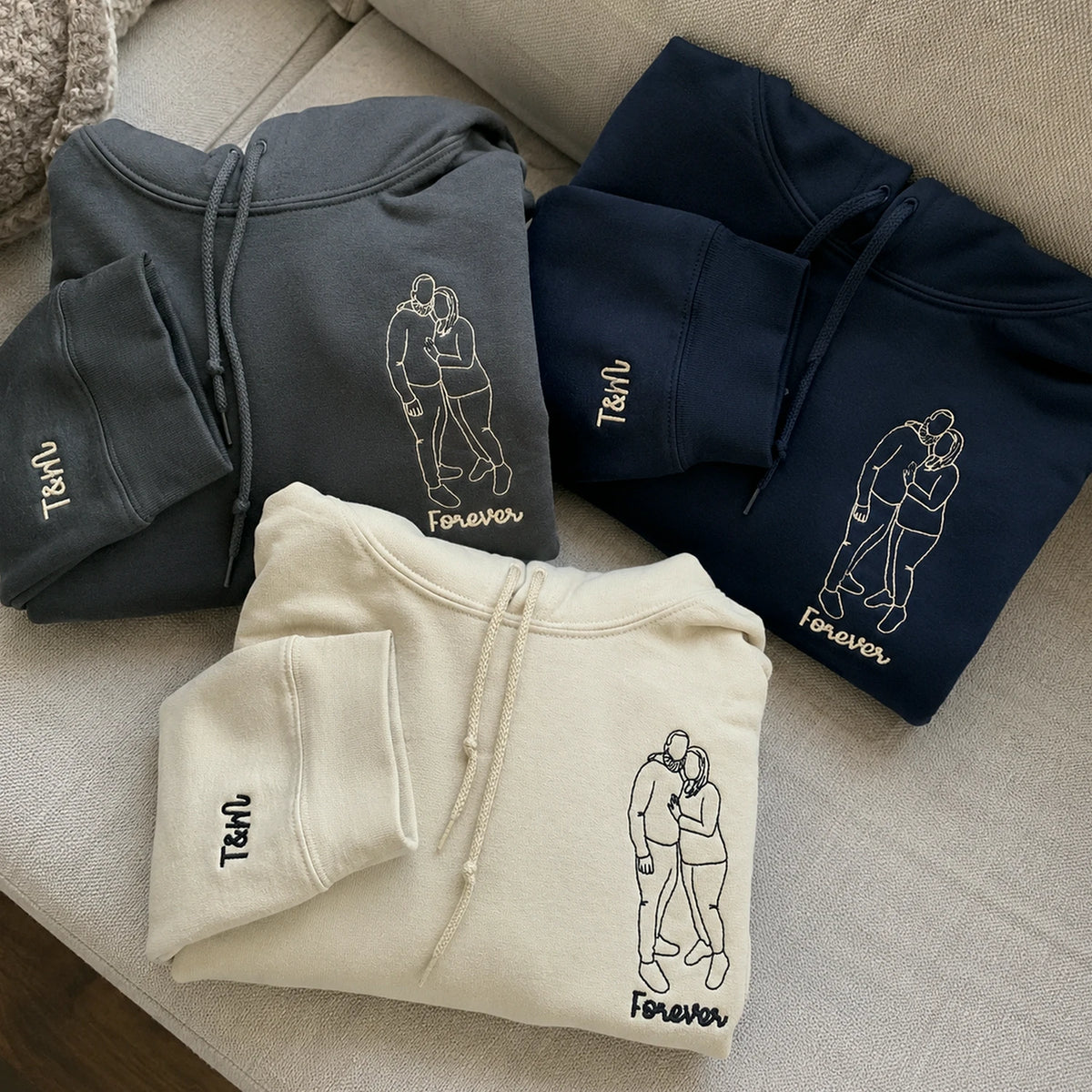 Custom Embroidered Photo Portrait Couple Hoodie or Sweatshirt, Personalized Gift for Him Her