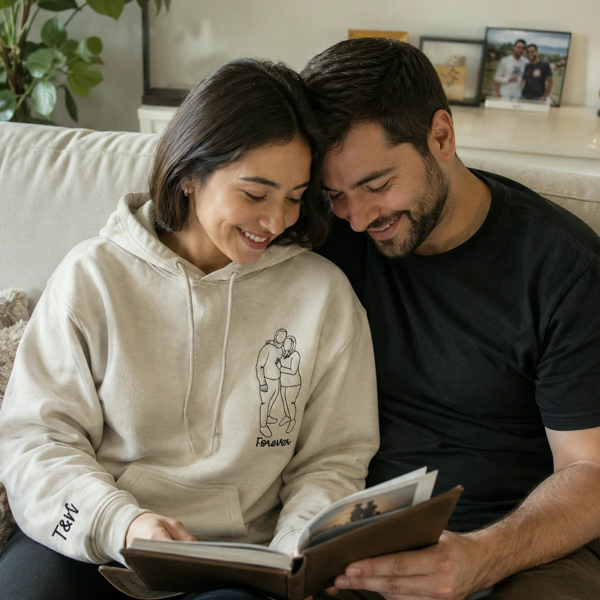 Custom Embroidered Photo Portrait Couple Hoodie or Sweatshirt, Personalized Gift for Him Her