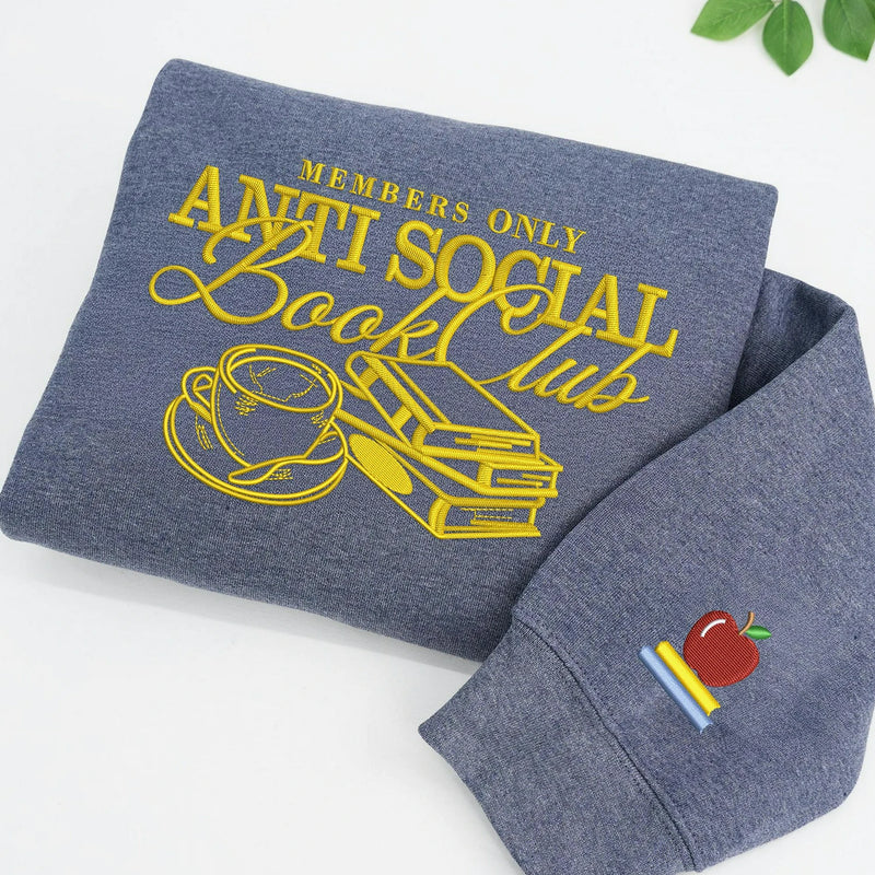 Embroidered Anti Social Book Club Sweatshirt - Personalized Sleeve, Bookish Gift