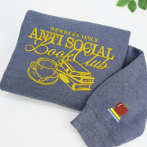 Embroidered Anti Social Book Club Sweatshirt - Personalized Sleeve, Bookish Gift