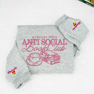 Embroidered Anti Social Book Club Sweatshirt - Personalized Sleeve, Bookish Gift