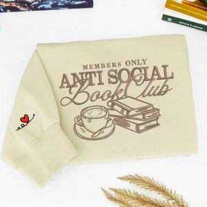 Embroidered Anti Social Book Club Sweatshirt - Personalized Sleeve, Bookish Gift