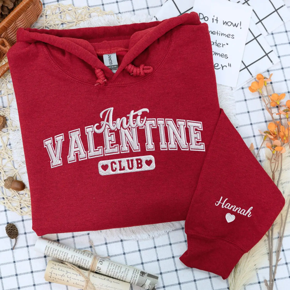 Embroidered Anti Valentine Club hoodie with custom sleeve text for self love