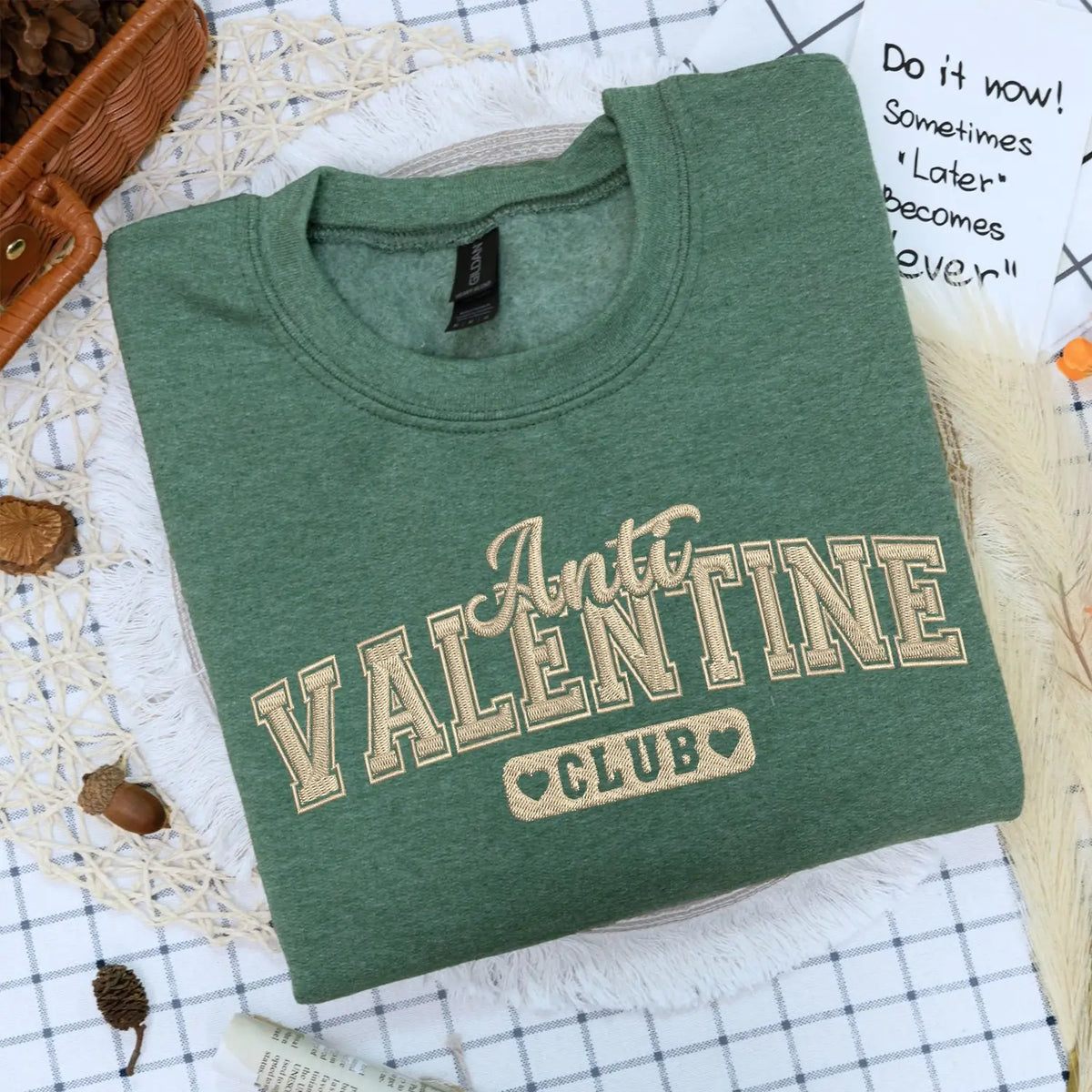 Embroidered Anti Valentine Club sweatshirt with custom sleeve text for self love