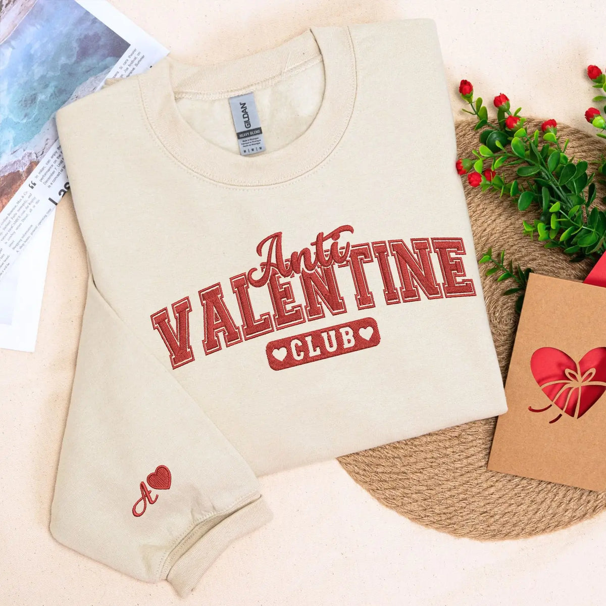 Embroidered Anti Valentine Club sweatshirt with custom sleeve text for self love