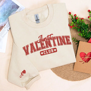 Embroidered Anti Valentine Club sweatshirt with custom sleeve text for self love
