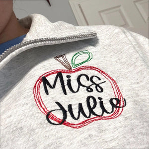Personalized Apple Teacher Quarter Zip Sweatshirt, Custom Name or Title Pullover for Preschool, Daycare, Coworker Gift