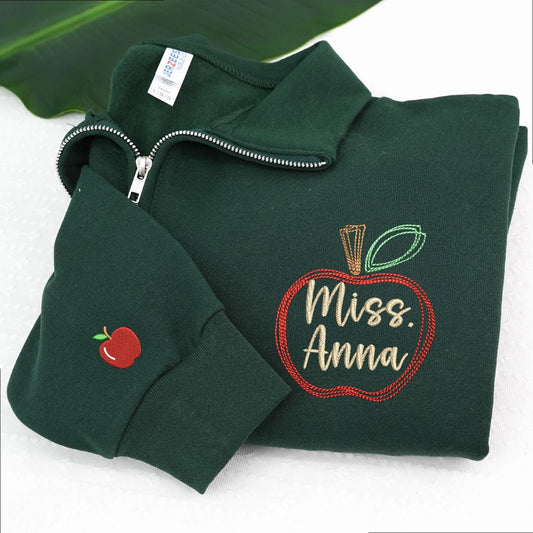 Personalized Apple Teacher Quarter Zip Sweatshirt, Custom Name or Title Pullover for Preschool, Daycare, Coworker Gift