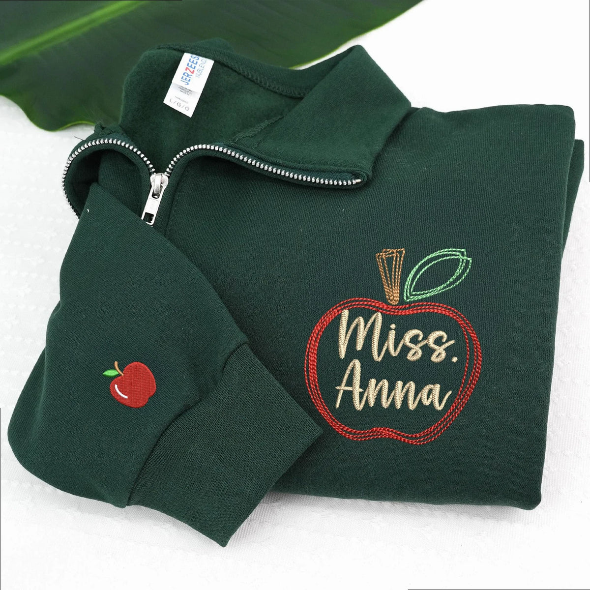 Personalized Apple Teacher Quarter Zip Sweatshirt, Custom Name or Title Pullover for Preschool, Daycare, Coworker Gift