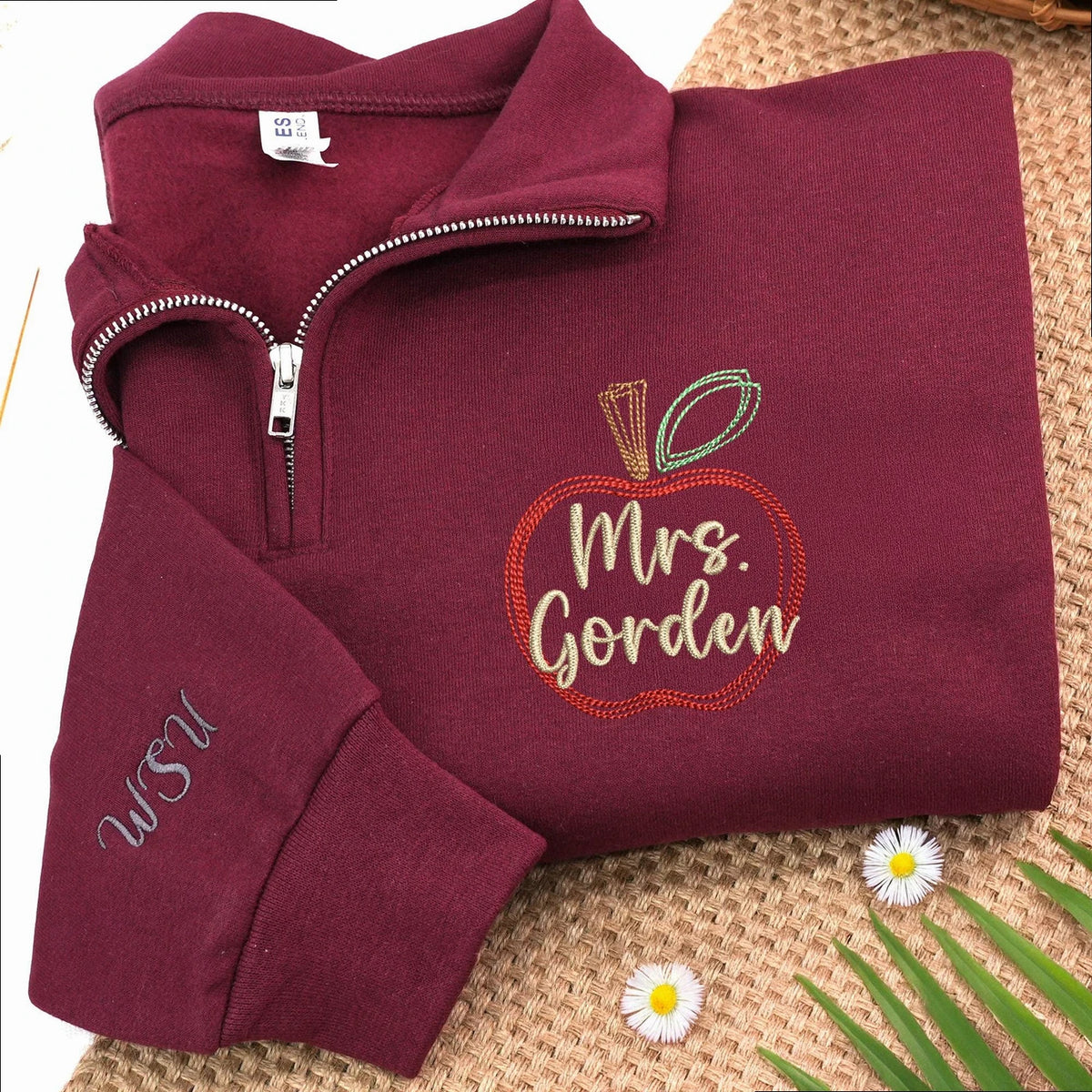 Personalized Apple Teacher Quarter Zip Sweatshirt, Custom Name or Title Pullover for Preschool, Daycare, Coworker Gift