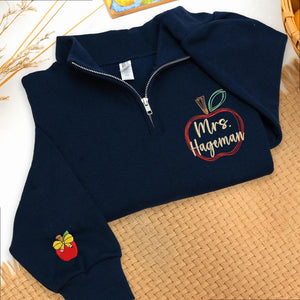 Personalized Apple Teacher Quarter Zip Sweatshirt, Custom Name or Title Pullover for Preschool, Daycare, Coworker Gift