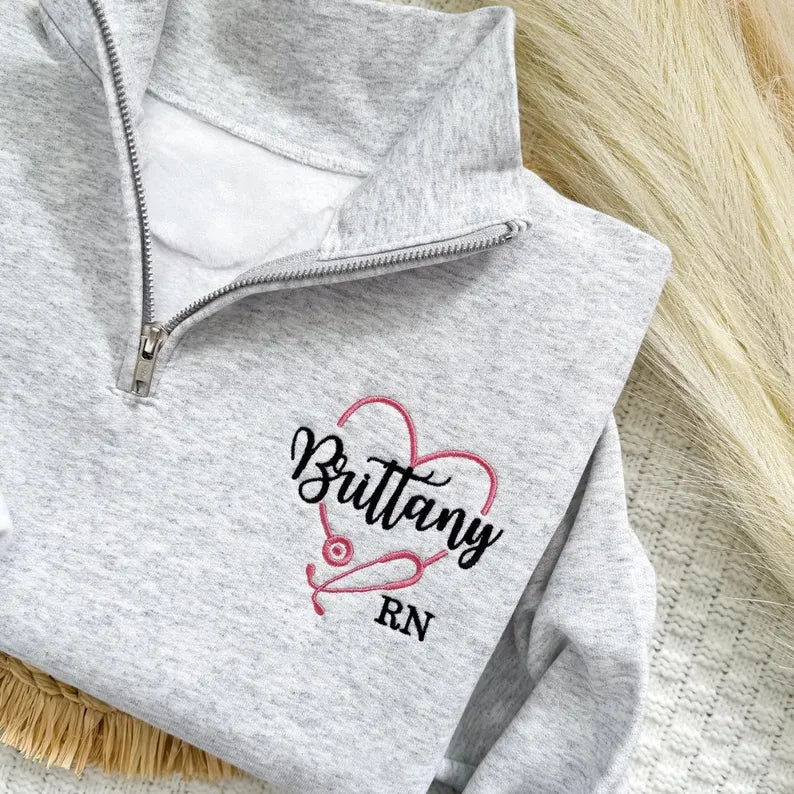 Personalized Name & Title Nurse Quarter Zip, Embroidered Nursing Pullover, RN LPN CNA Gift, Nurse Week Gift