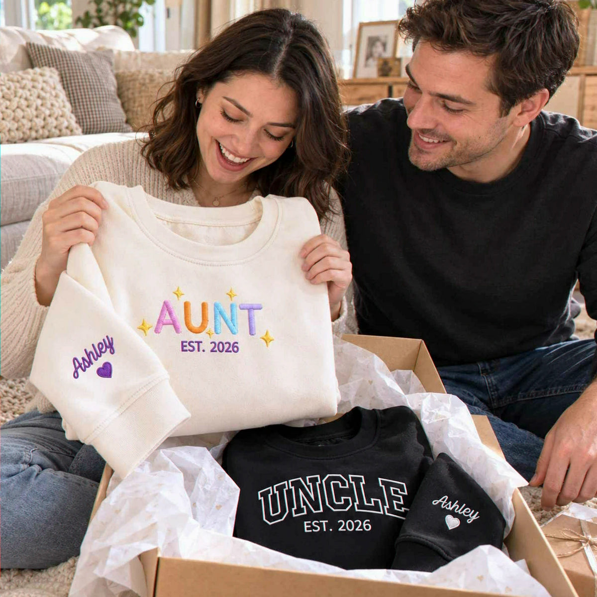 Matching Aunt and Uncle Sweatshirtsm Custom Embroidered Kid Name Crewneck, Gifts For Auntie and Uncle