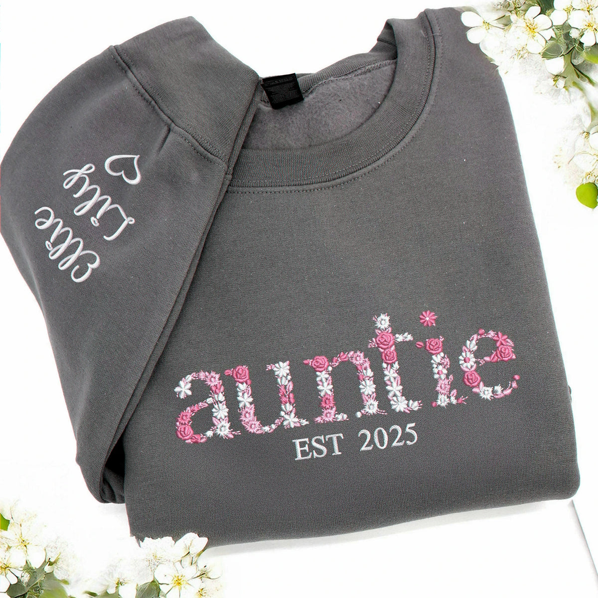 Personalized Floral Auntie EST Embroidered Sweatshirt - Birthday Auntie Gift